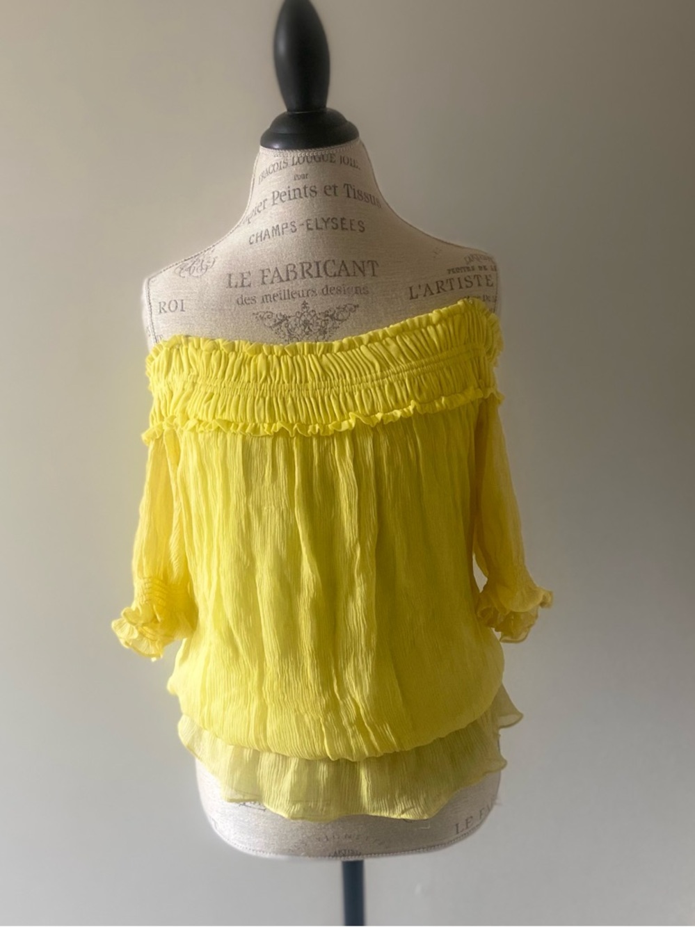 Lemonade Cottagecore 100% Silk smocked sheer puff sleeve off-shoulder top